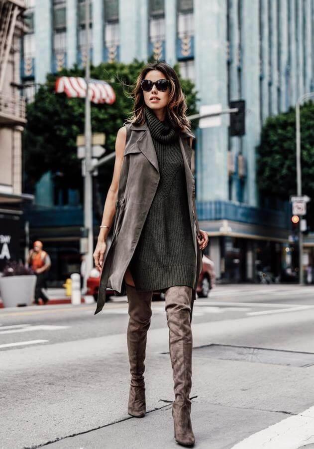 These earth-toned boots are the perfect accessory to an olive green sweater dress. Add a trench vest for achieving a minimalistic look, perfect for work.