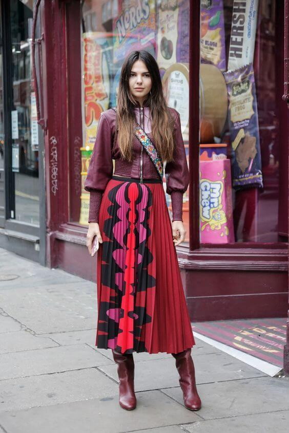 Burgundy blouse and pleated skirt will make you the prettiest women in the office. If not, you will be the most sophisticated one.