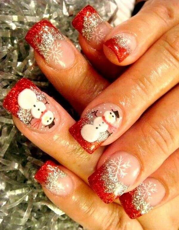 Snowman is always welcome on out nails! In combination with a red French manicure and sparkly polish your nails will look fantastic. #winternails #naildesign