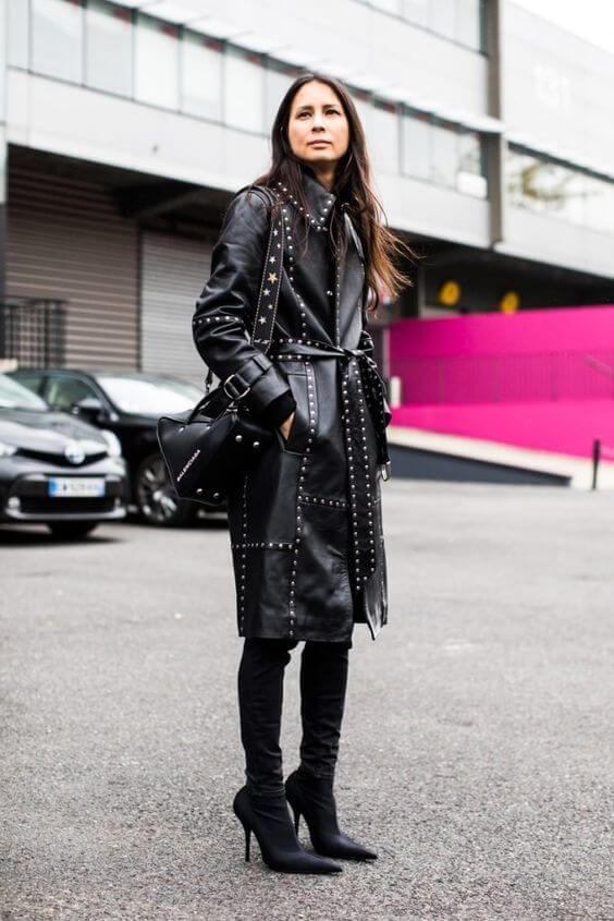 Leather coats were a pretty big thing back in the ‘70s and ‘80s. They are absolutely the piece of clothing that never goes out of style - try pairing them with leather thigh-highs. #highboots #winteroutfits