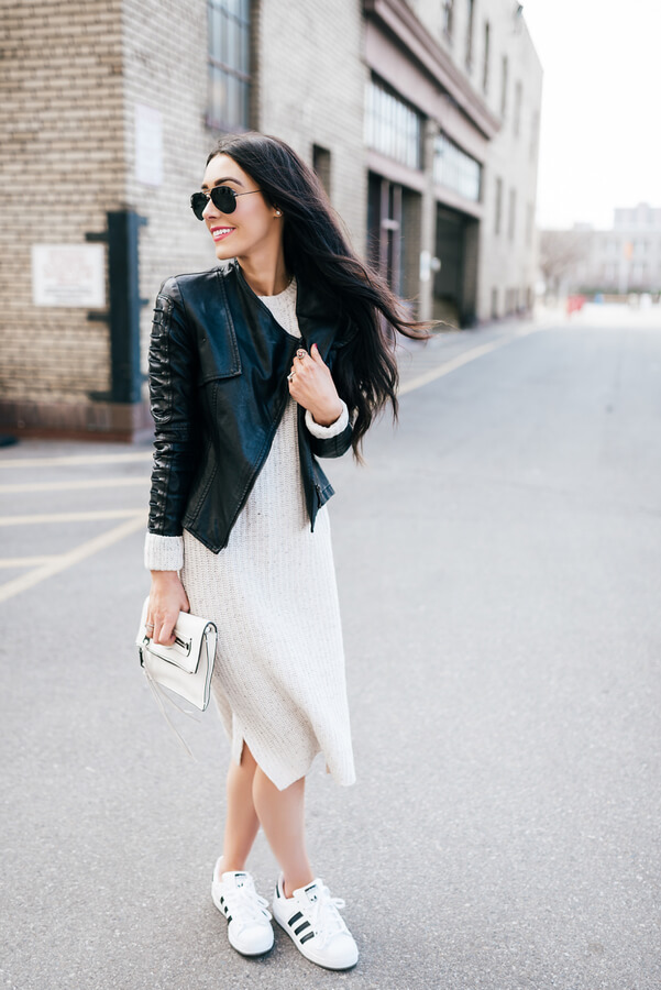 Leather Jacket and Sweater Dress