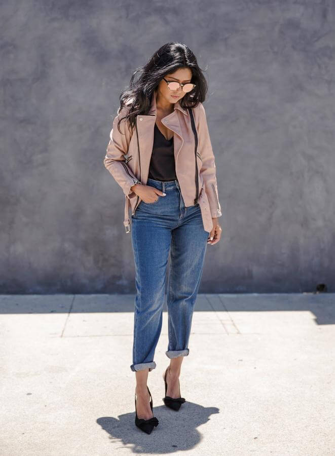High Waist Jeans and Pink Leather Jacket