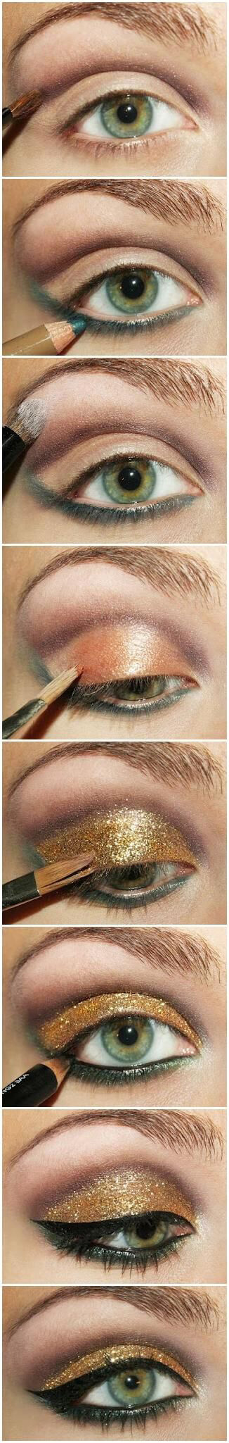 Create this vibrant look using three colors: gold, brown and green.