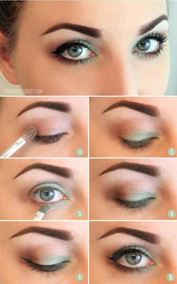 Modify the modern cat eye using the lightest shades of green and a black liner with mascara.