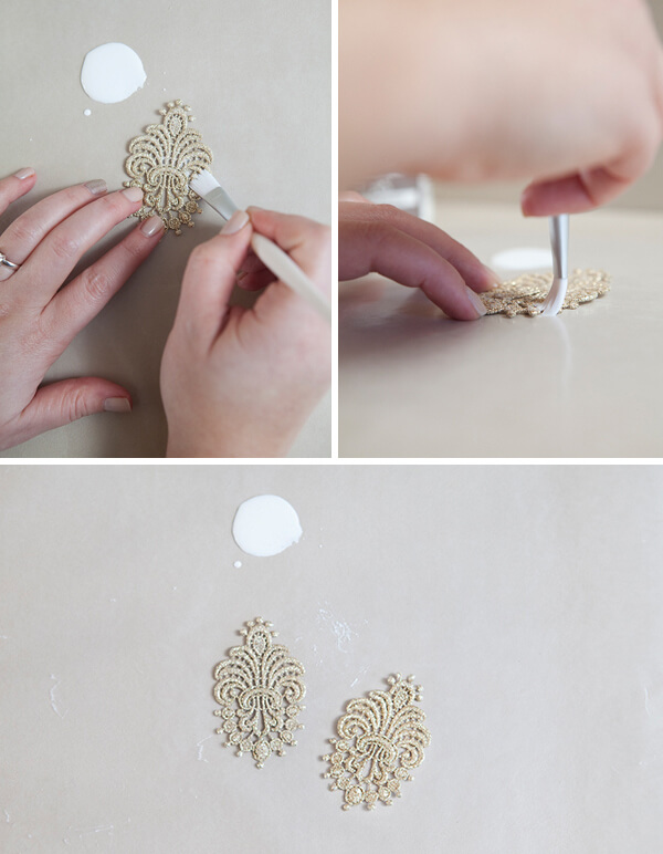 Start making the earrings by painting stiffener to front and back.