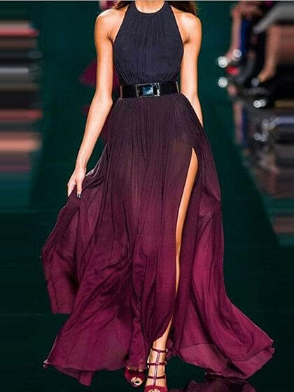 Model in ombre maxi dress combined with black belt and nearly red heels. Ombre effect creates an astonishing look on this maxi dress.