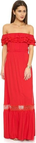 Girl in a expressively red off-the-shoulder maxi dress. A long dress to really stand-out.