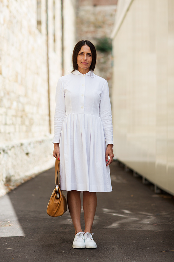 Woman in quite conservative shirtdress.