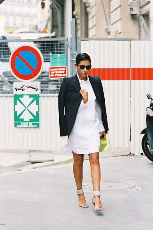Add a formal touch to your white shirtdress with a blazer.