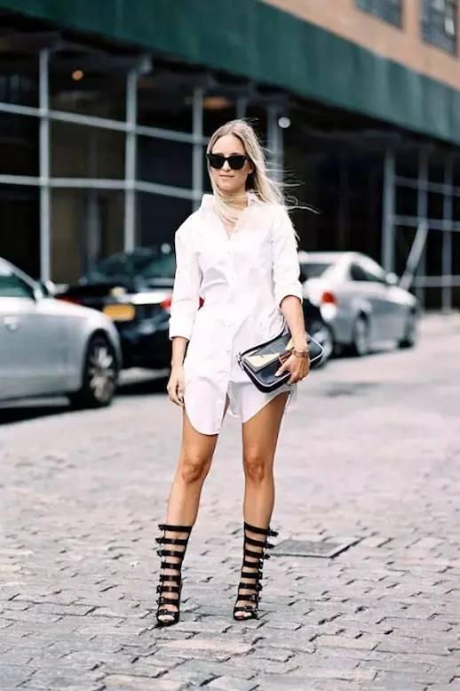 Pair your white shirtdress with black gladiator shoes to add instant sex appeal.