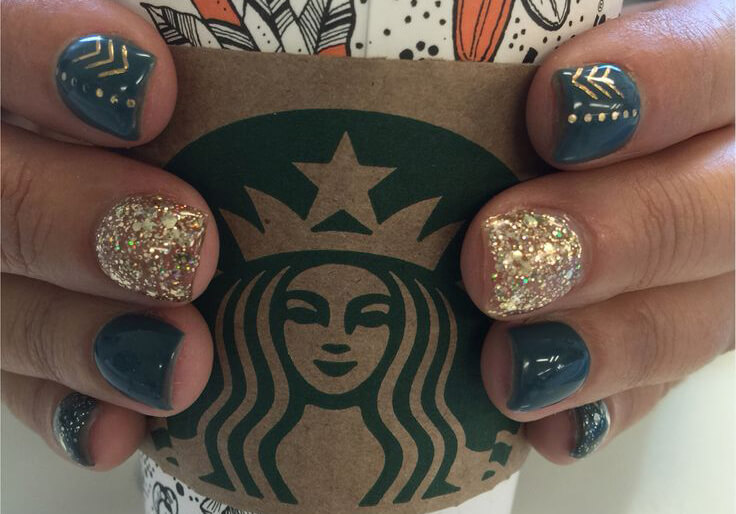 These gorgeous designs feature both gold and glitter polishes as well as a gel blue-gray.