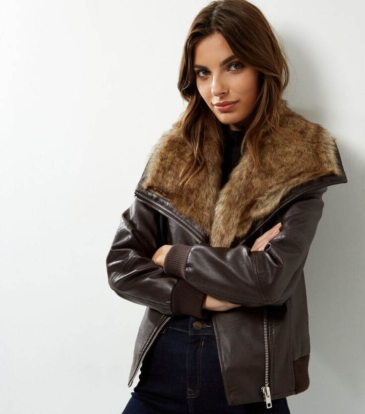 Faux fur collar leather bomber jacket.