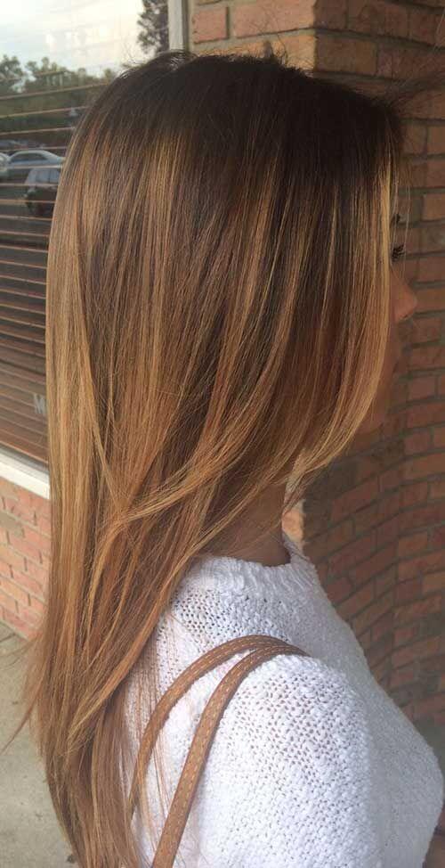 straight brown layered hair with golden brown highlights