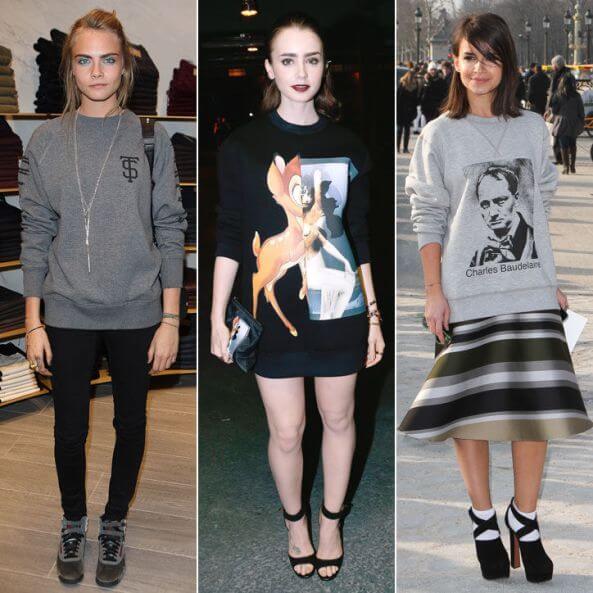 Cara Delevigne, Lilly Collins and Miroslava Duma in dressed-up sweatshirts.