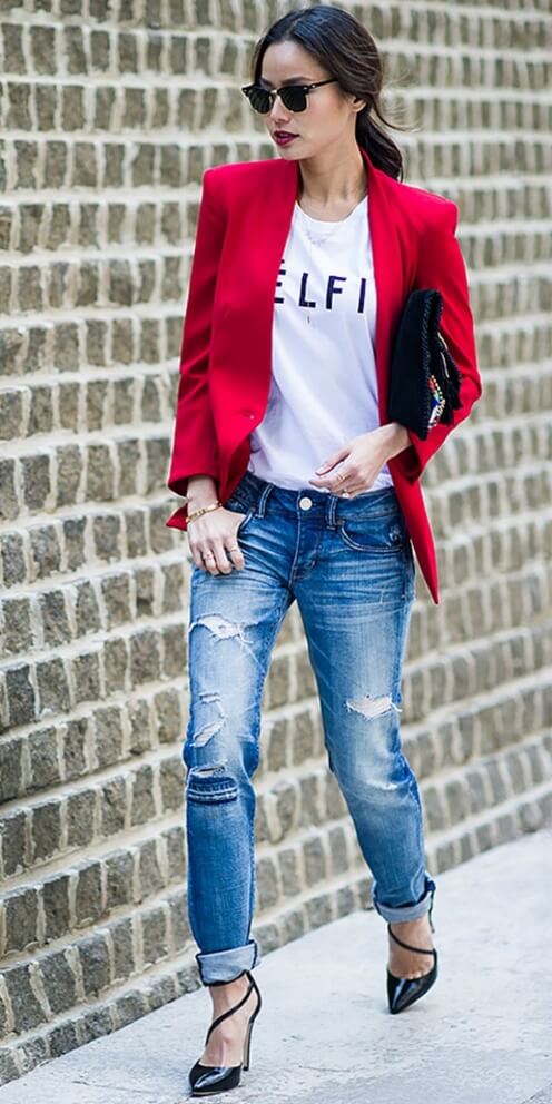 A flash of red creates an instant style statement next to ripped cuffed jeans.