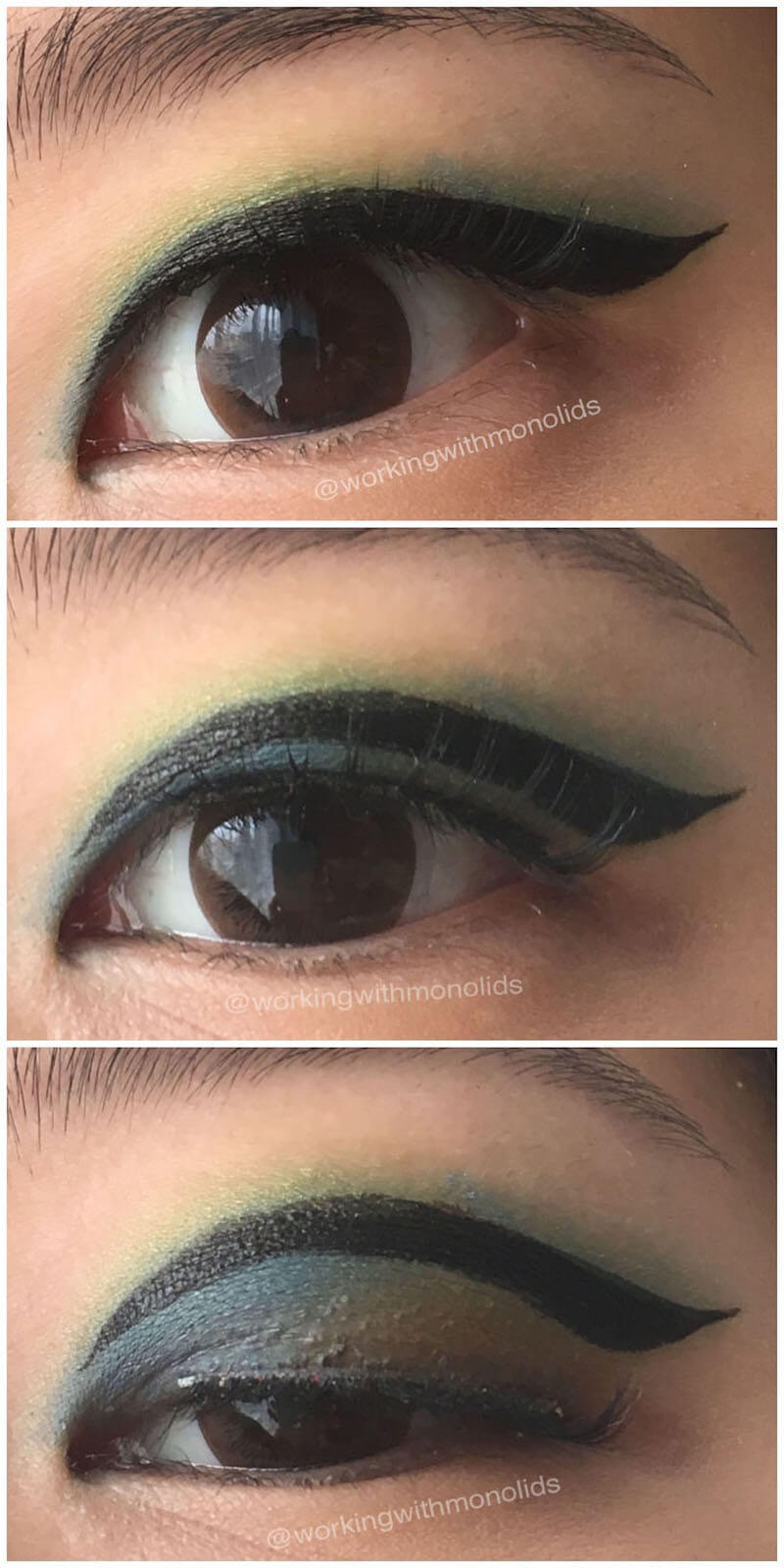 A colorful, creative eye look for monolids that demonstrates the placement of eyeliner and eyeshadow.