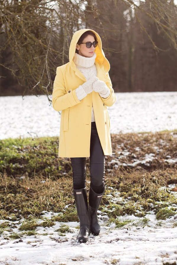 Woman in yellow coat and wellies