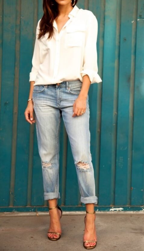 Keep it cool and classic in basic blue denims and a crisp white shirt.