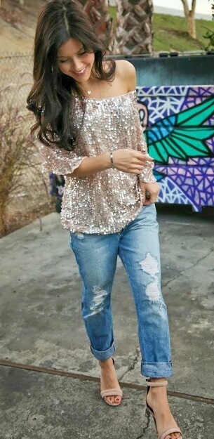 Sequins are always a good idea, especially when wearing boyfriend jeans.