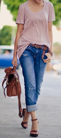 Shades of brown and pink combine in a sweetly feminine ensemble.