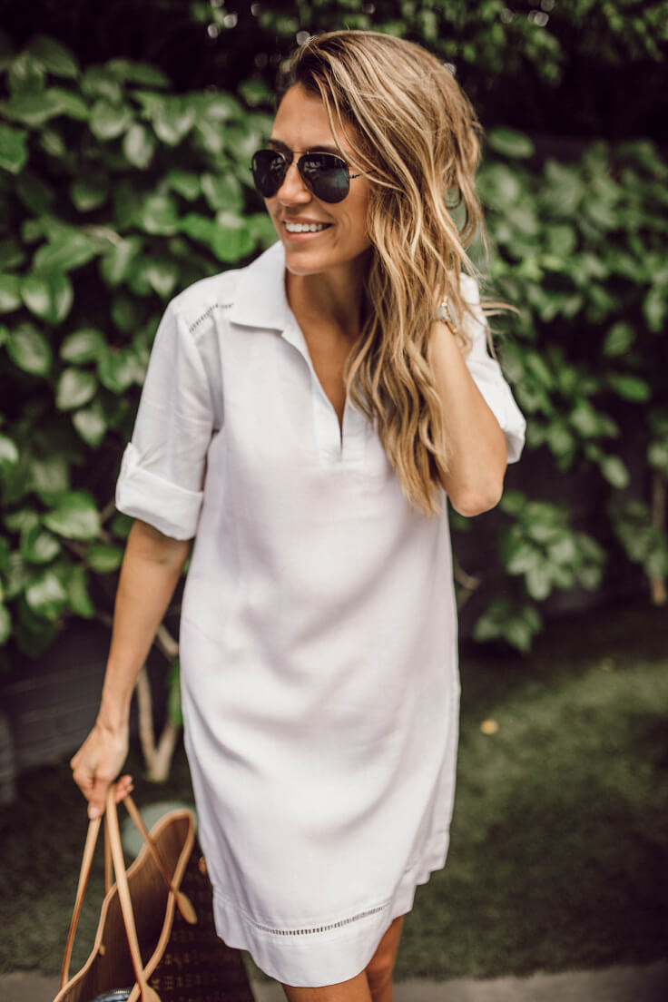 Beach inspired styling with white Boohoo shirt dress with cut-out details on the arms and the bottom