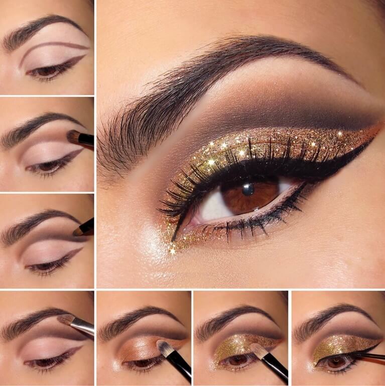 Centered around varying shades of gold, this look highlights the complexities and depths of brown eyes. Plus, with an added dusting of glitter, we can't think of a better way to celebrate the brilliance of brown.