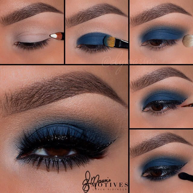 When you're looking to create a statement, nothing is more eye-catching than dramatic blue eye shadow. To create a sexy, smoldering effect, look no further than deep cobalt blue, especially for brown eyes.