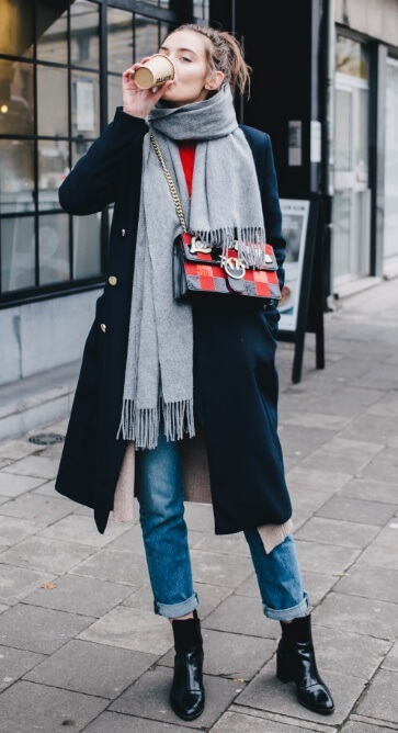 No fall wardrobe is complete without a fringed gray scarf. Look at this easy mishmash of fall staples combined into a modern street style look.