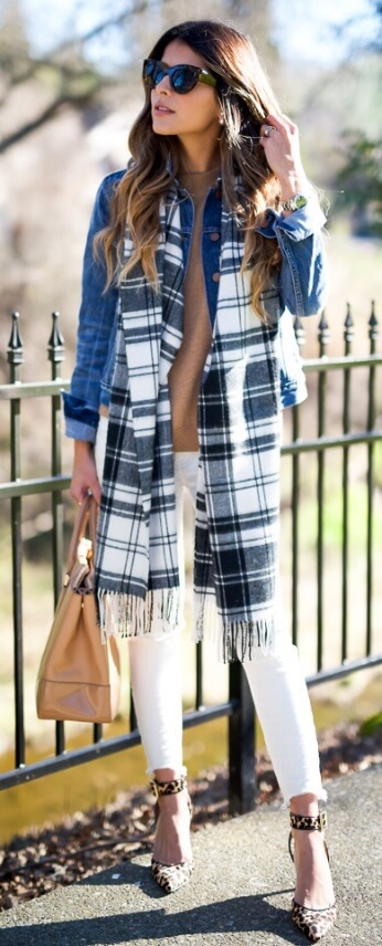 A look that could work in all seasons! Give it that layered fall effect with a long black and white plaid scarf.