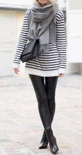 Add some edge to your ensemble in the preppiest of ways. Sleek leather leggings along with pointy black boots are cool and ultra-urban. On top, a long-sleeved Breton-striped top provides a classy touch.