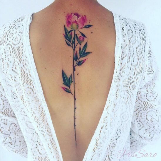 Pink peony is one of the favorite tattoos when it comes to flowers. The back is the best place to go with. #summertattoo #colorfultattoo