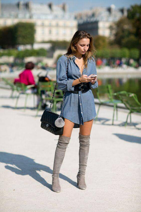 Even though this shirtdress is short and bit revealing, this girl soothes it down with super thigh-high boots. What a sexy look!