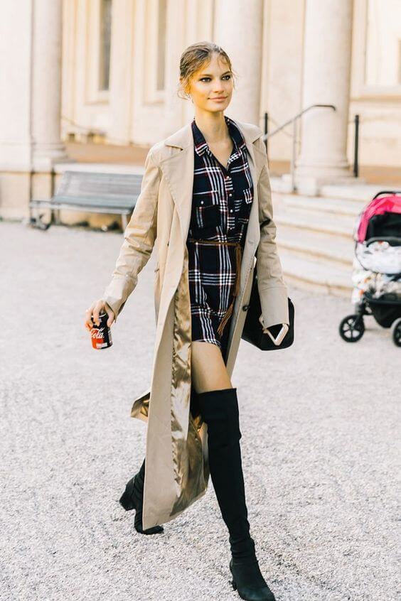 Youngish and stylish - two words that can describe this lovely outfit. Black thigh-high boots are styled with super short (and sweet) plaid shirtdress.