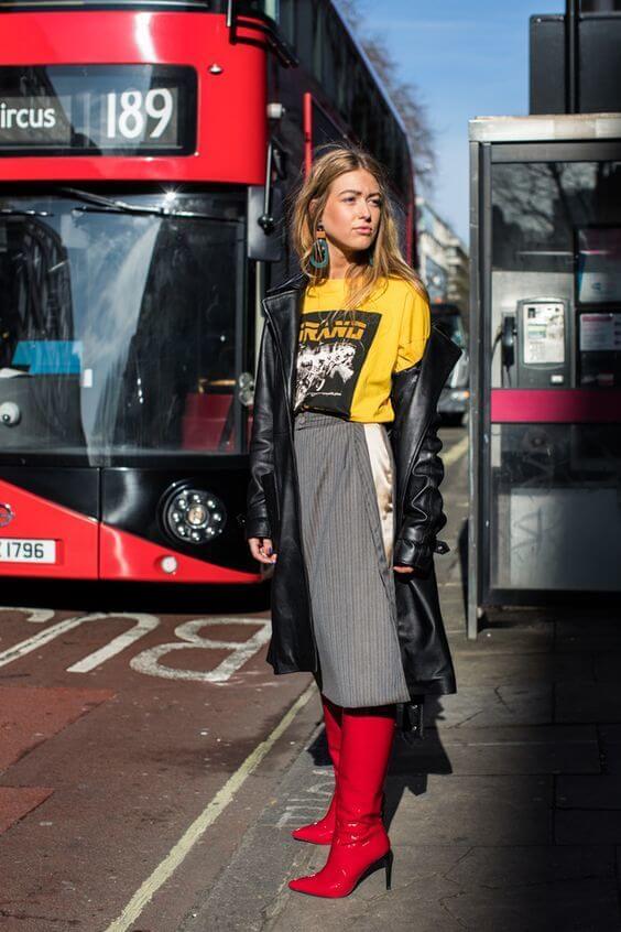Be unique and eccentric in this exciting combination - red boots and yellow tee might not be your first choice, but you can see how they match perfectly.