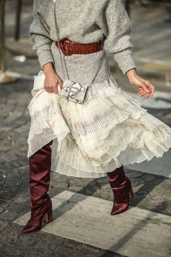 Sweater matched with a ruffle lace skirt