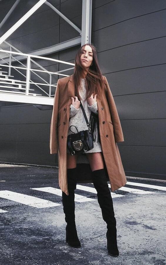 Play with different lengths - long camel coat and short sweater dress mixed with thigh-high boots give you one hell of a combination! If you are going back from dinner, and you want to prolong your night, walk into your favorite nightclub dressed like this. #bootsoutfit #nighout #nightoutlook