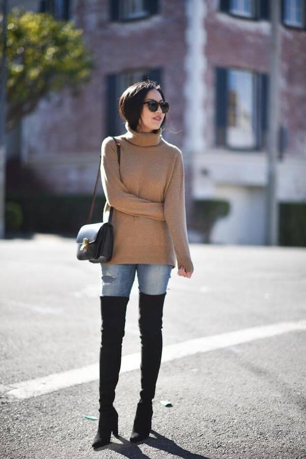 Make a statement in this chic and casual winter outfit. Over the knee boots, jeans, and camel sweater are perfect items for everyday wear - working hours, stroll or dinner with friends. #highboots #winteroutfits