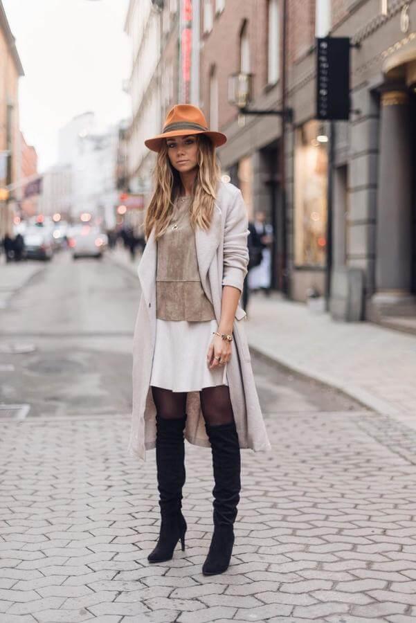 Layers are important as much as cozy boots in the winter time. Combine button-downs with sweaters, layer tops over dresses - all that will help you feel cozy and warm. #highboots #winteroutfits