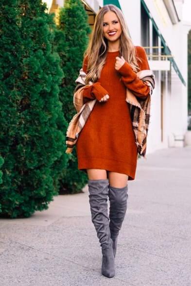 Lovely colors of fall, such as orange, brown, and beige work fantastically with the boots in grey. The dress like this provides you with comfort, while boots make you feel warm. #highboots