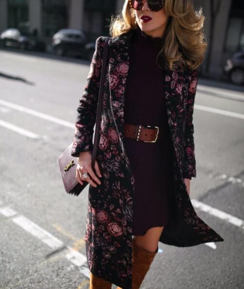 Jewel colors are perfect to wear on cold winter days. They match with brown and black - make sure your dress is comfy and drape the floral coat over. #highboots