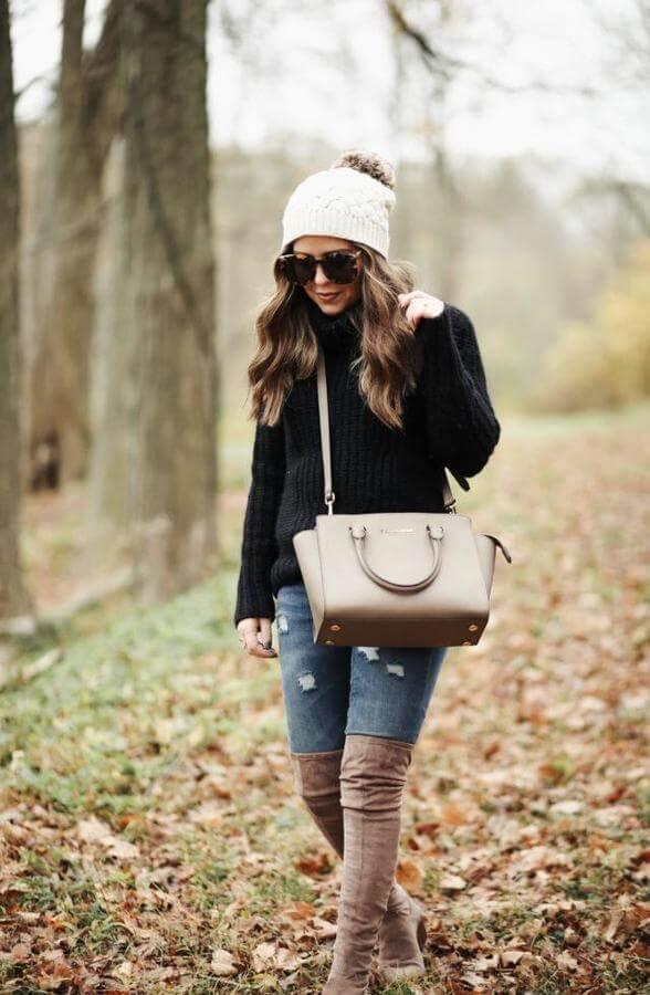 Don’t pick slouchy or bulky over the knee boots. Try working with lighter shades rather than black. Black is the perfect color for combining, but on petites, it can make your legs look small.