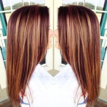Caramel highlights to contrast with brown and plum red.