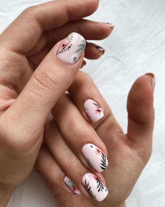 Blush with Floral Short Nails Design