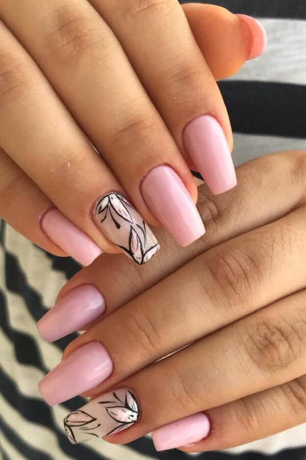 Baby Pink Coffin Nails with Flowers
