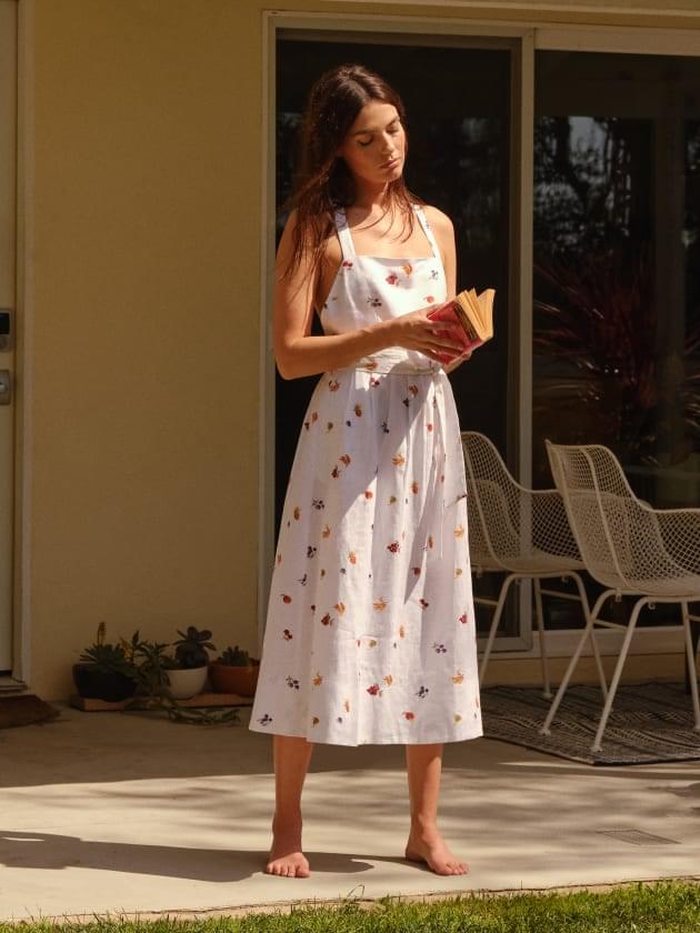 Light Linen Dresses are so perfect for summer. Here is such dress with fruit lop print.