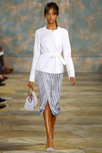 Look office appropriate but still trendy in this blue and white wrap skirt + blouse ensemble.