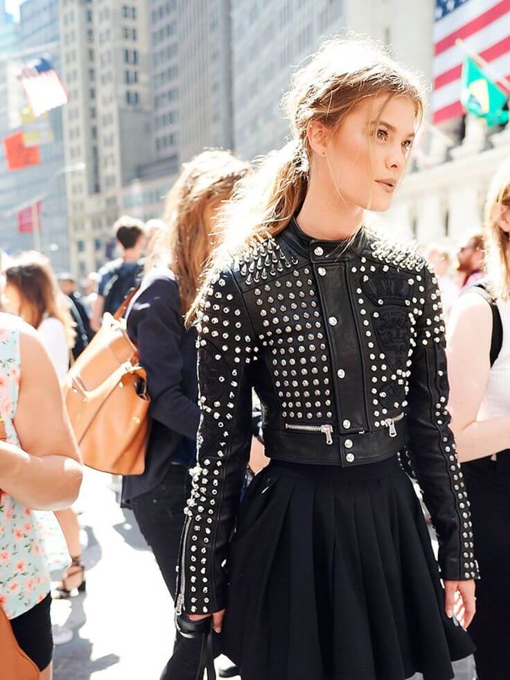 Sizzle in a studded jacket and mini skirt.
