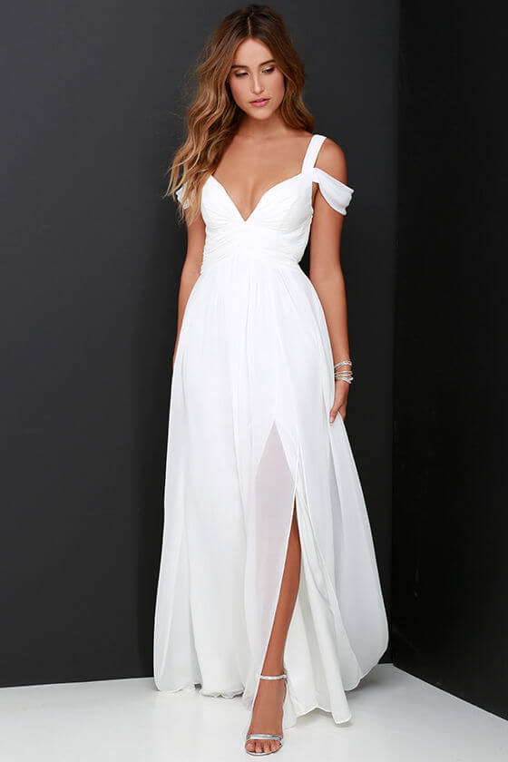 Classy in chiffon: Look like a Grecian goddess in top-to-toe white with romantic off-the-shoulder sleeves.