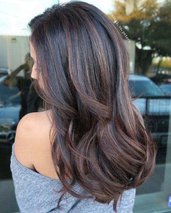 Dark brown hair with chocolate brown and copper highlights