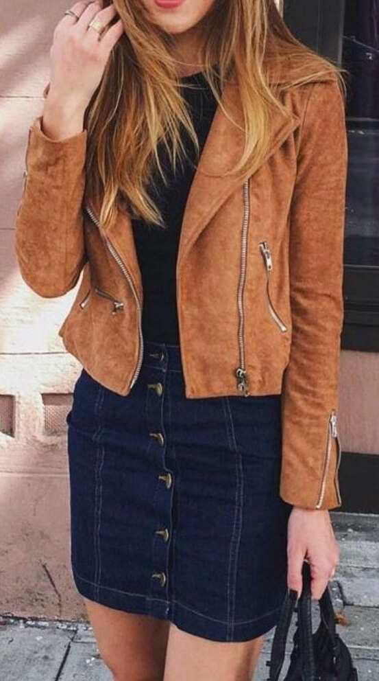 A feminine touch is added to brown suede with a little denim mini skirt.